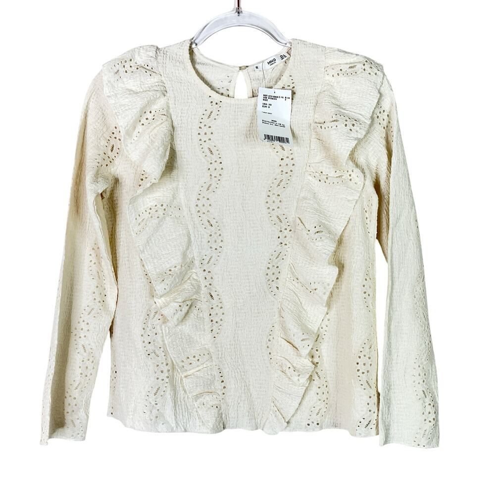 Mango MNG Casual Cream Eyelet Long Sleeve Blouse NWT Womens XS